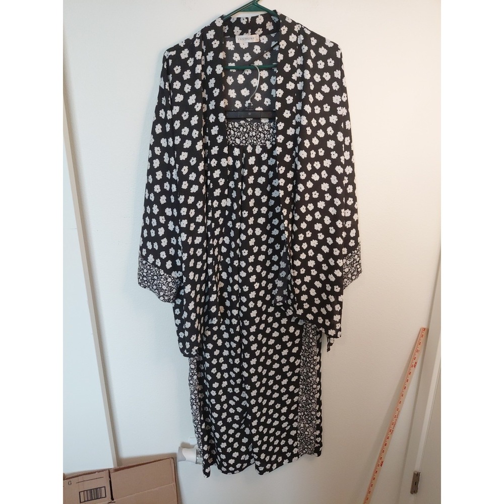 Retrelogy 2 Piece XL Black White Floral Kimono Topper &Pants Boho LagenLook Y2k